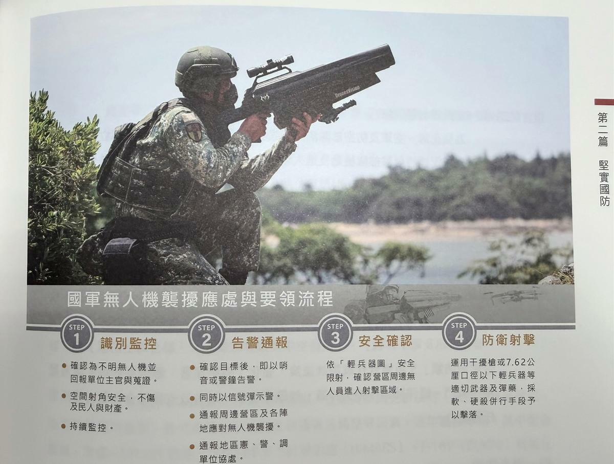 面對中共無人機襲擾，114年國防報告書訂定4步驟面對無人機襲擾應處與要領流程。 圖：翻攝自114年國防報告書