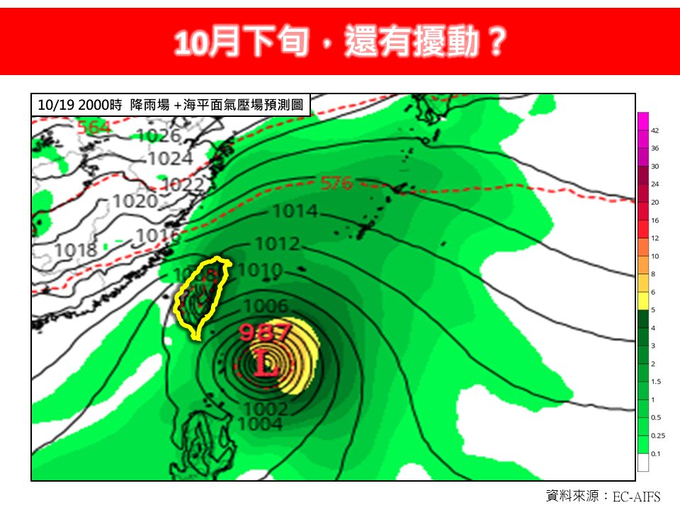 台灣預計在10月20日前後迎來今年入秋首波明顯降溫，部分地區氣溫恐「直降攝氏10度」 圖/取自臉書粉專《林老師氣象站》
