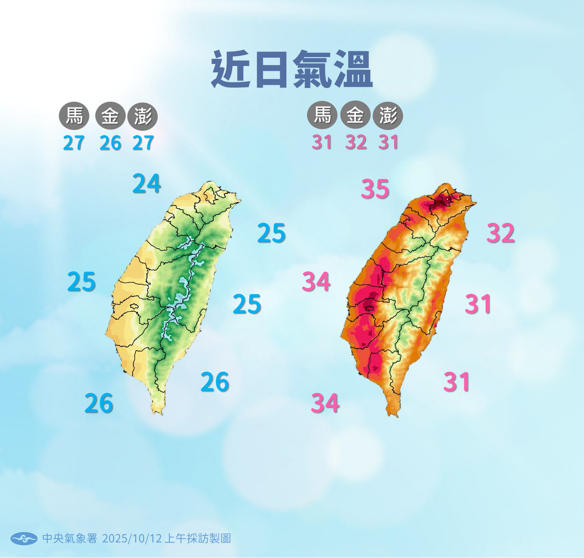 氣象署指出，氣溫將先降後升，12至14日各地約24至27度，15日後回升至31至35度，天氣轉趨悶熱。 圖：氣象署／提供