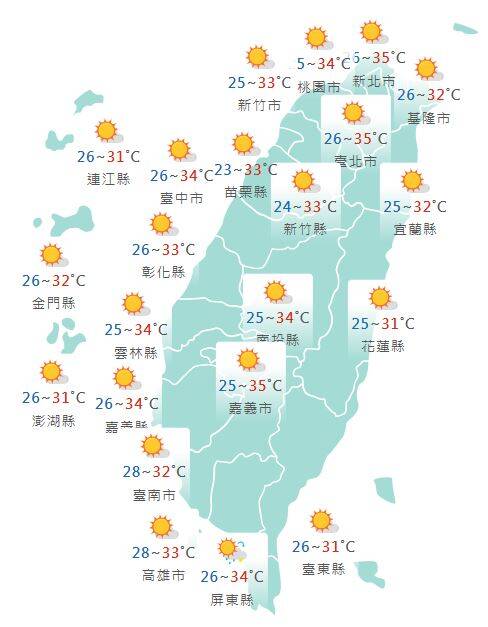 氣象署公布各地天氣預報概況。 圖：氣象署提供