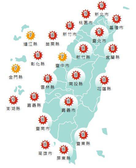 氣象署發布各地紫外線指數預報概況。 圖：氣象署提供