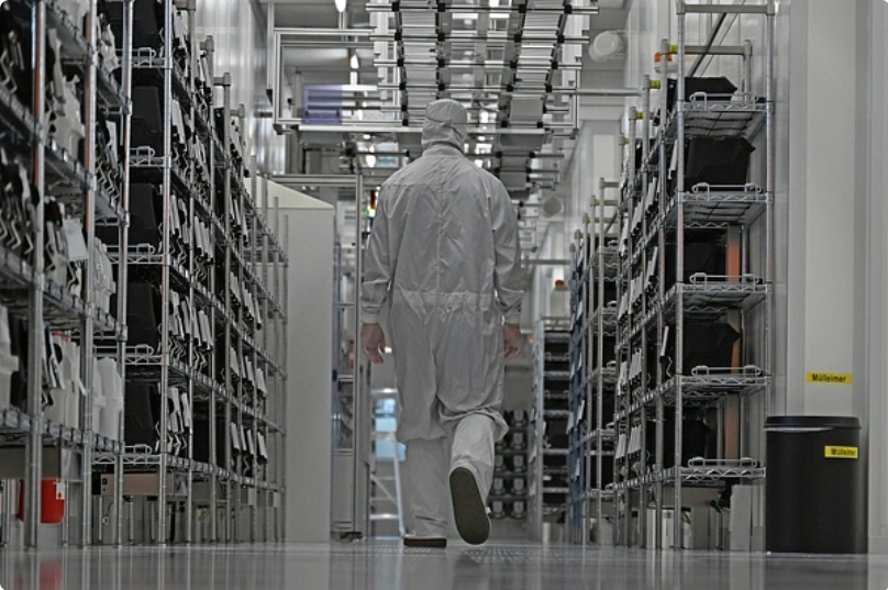 安世半導體的一名員工走過該公司的潔凈室。 圖：翻攝自騰訊網