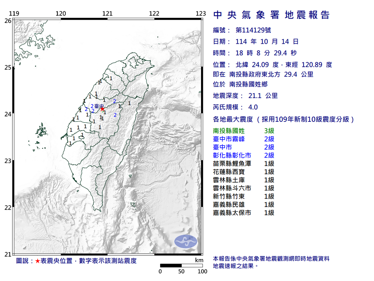 10/14-18:08南投縣國姓鄉發生規模4.0有感地震 圖：中央氣象署