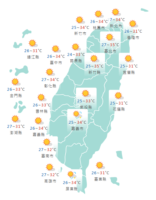 氣象署公布各地天氣預報概況。 圖：氣象署提供