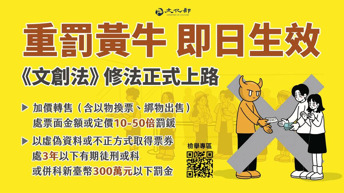 黃牛條款正式上路 即刻啟動聯合查緝、嚴格執法 檢舉專區同步上線 文化部：研議熱門場次實施實名制納入申請場地評估