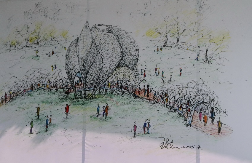 國際竹編藝術家王文志創作大型公共地景藝術作品「聚」，以竹材、木材等素材，手工編織交錯出一層層天幕，猶如人際間濃密情感、療癒鼓舞人心，帶給人民力量。圖：高雄市政府提供
