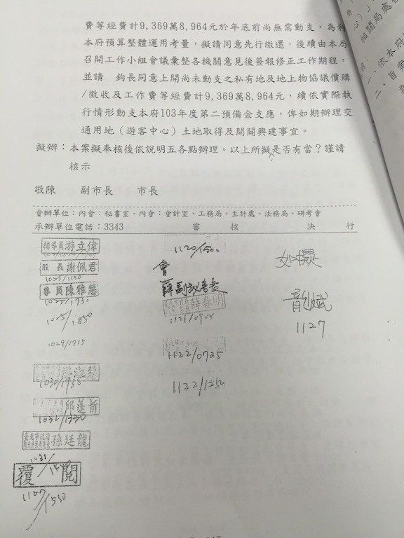 台聯黨市議員陳建銘向北市府調閱資料後發現，此案當時決議發建照給廠商蓋加油站的決策者是郝龍斌，最後廢照的也是郝龍斌，在2013、2014年簽核要動用二備金徵收加油站用地的也是郝龍斌。圖：台聯黨市議員陳建銘提供