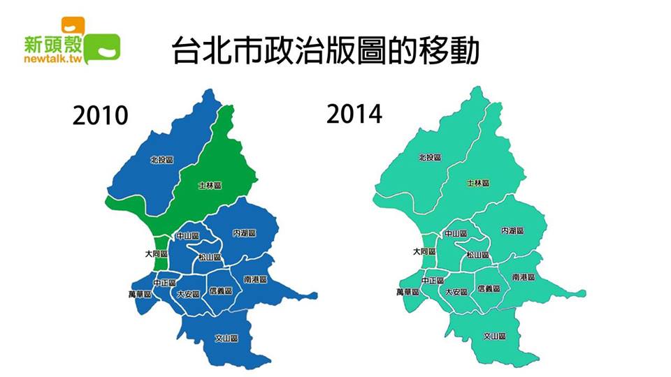 連勝文在台北市12個行政區都輸給柯文哲。圖為2010年與2014年台北市政治版圖改變的情況。圖3之1：翁嫆琄製