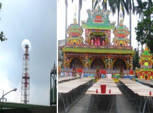 右圖是頭份永貞宮搭建的大祭壇。附近中石化工廠大煙囪猛排廢氣則很殺風景。圖片來源:陳志科攝