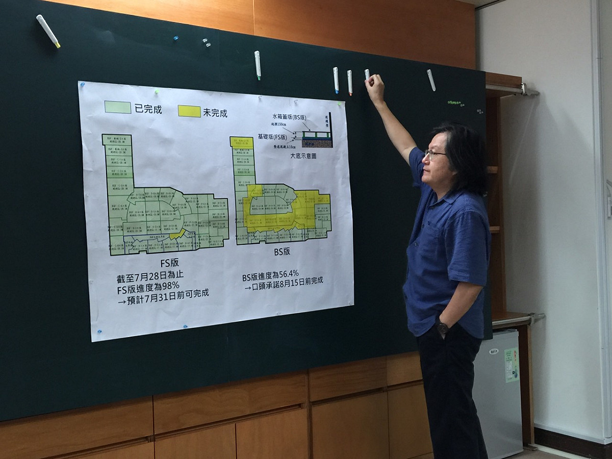 台北市都發局29日表示，遠雄大巨蛋的大底工程已經如期完成，但仍應儘速完成其餘大底水箱蓋版（BS）部分。都發局長林洲民30日上午受訪。圖：劉奕霆/攝