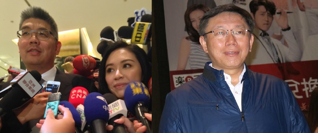 台北市長首場電視辯論今(7)晚8點登場，國民黨台北市長候選人連勝文和妻子蔡依珊一同現身，無黨籍台北市長候選人柯文哲則是隻身抵達。圖：林朝億、劉奕霆/攝。