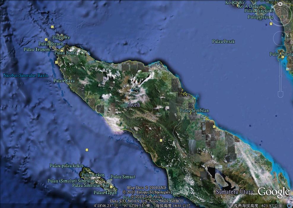 印尼亞齊省（Aceh）今（9）日中午發生規模7.2強震今天襲擊亞齊省（Aceh），目前印尼官方已發布海嘯警報。圖片來源:Google earth