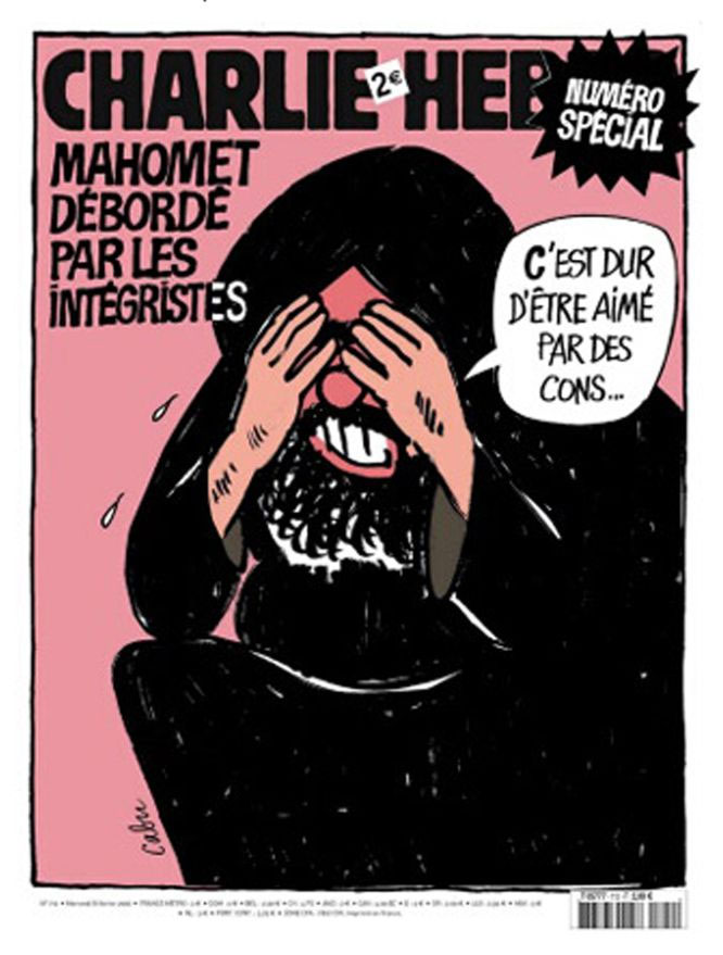 「查理週刊」（Charlie Hebdo）恐攻事件死亡的總編輯夏邦尼耶（Stephane Charbonnier），是法國知名政治嘲諷漫畫作者，雖長期面臨死亡威脅，但他仍堅持不自由，毋寧死。圖為查理週刊其中一期的封面。圖片來源：翻攝自網路。