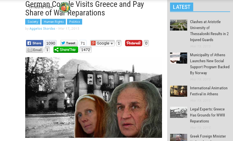 德國夫婦特別到希臘還二次世界大戰的債務。圖：翻攝GREEKREPORTER網站