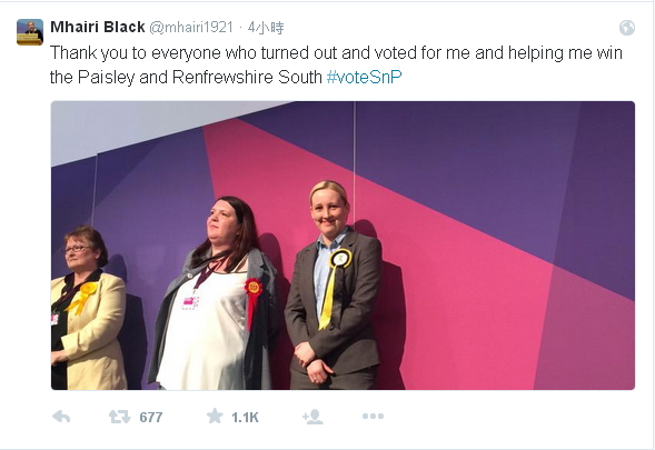 布萊克勝選後在個人推特上發布感謝消息。圖：翻攝自Mhairi Black推特