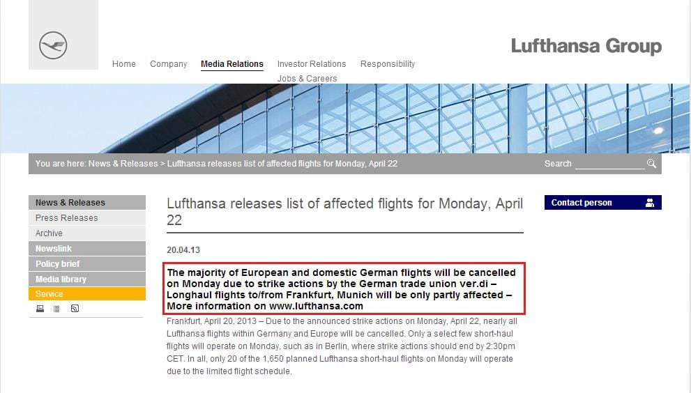 德航漢莎航空(Lufthansa)員工罷工，4月22日星期一，德航將取消超過 1,600 個航班。圖為漢莎航空停飛啟事。圖片來源：漢莎航空官方網站。