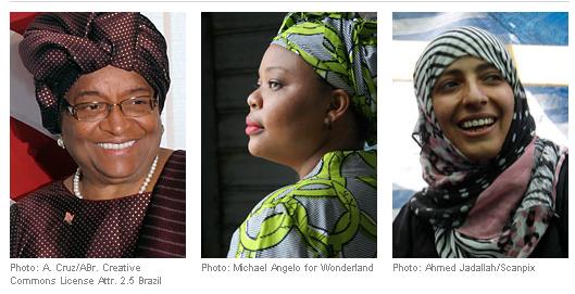 2011年諾貝爾和平獎得主，由左到右分別是賴比瑞亞總統瑟利夫(Ellen Johnson Sirleaf)、賴比瑞亞反戰人士格鮑伊(Leymah Gbowee)，以及葉門人權運動人士卡門(Tawakul Karman)。圖片來源：翻攝自諾貝爾獎網站。