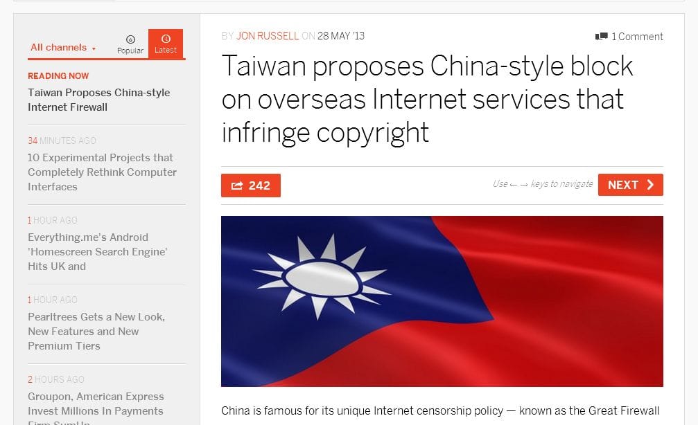 我國智慧財產局上週末宣佈要監控國外侵權網站，不但引起國內網友反彈，也引發國際關注。圖：翻攝自Next Web