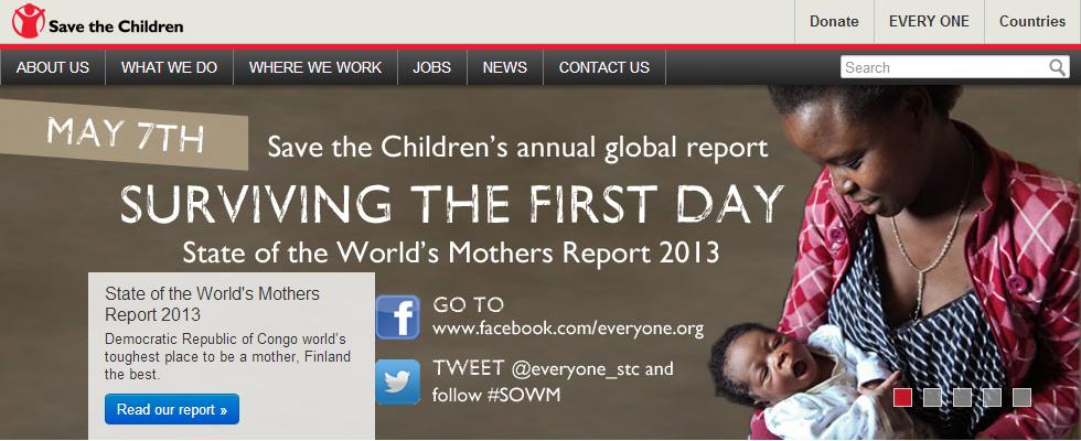 國際兒福團體「救助兒童會」(Save the Children)公布2013年最幸福母親全球排名。圖片來源：「救助兒童會」(Save the Children)官方網站。