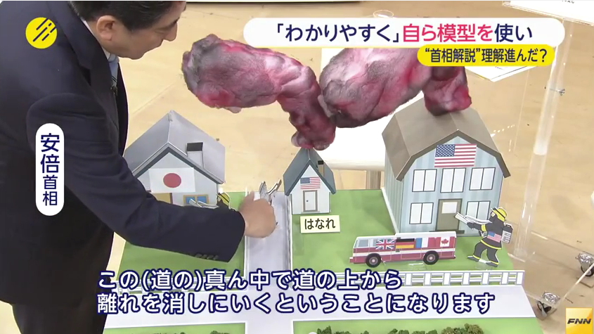 安倍晉三在節目中使用模型道具，講解新安保法對日本的重要性。圖：翻攝富士新聞網YouTube頻道