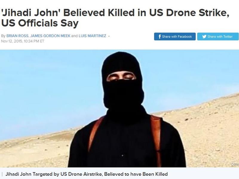 多次現身伊斯蘭國（IS）斬首影片的「聖戰士約翰」（Jihadi John），據信遭到美軍無人機空襲擊中身亡。圖：翻攝美國廣播公司新聞網