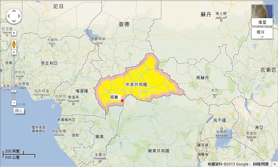 中非從西邊起依順時針方向，分別為喀麥隆、查德、蘇丹、南蘇丹、剛果民主共和國與剛果共和國所包圍。圖片來源：Google Map。