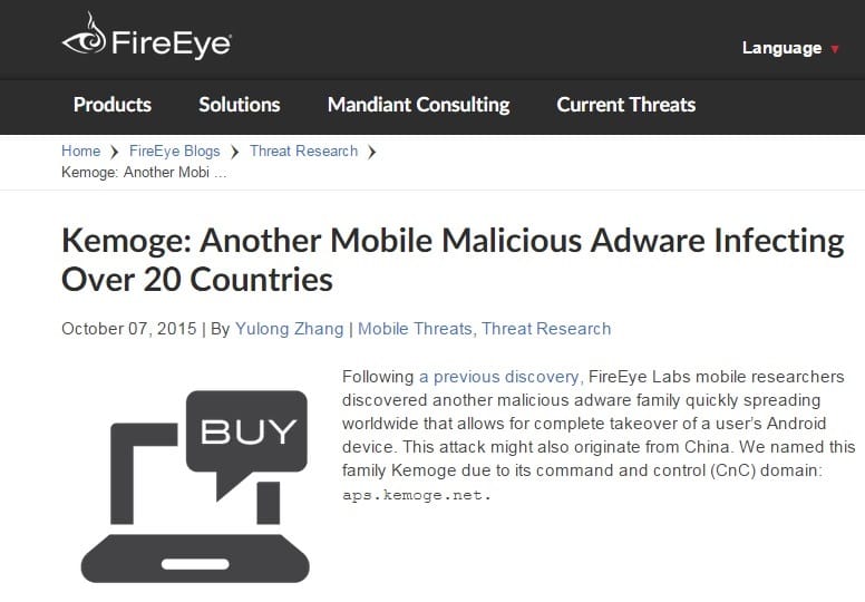 美國網路安全業者FireEye報告指出，疑似源自中國的手機病毒，針對20多國Android系統用者發動攻擊，台灣也包括在內。圖：翻攝自FireEye官網