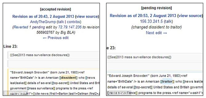 史諾登在維基百科(Wikipedia)的資料於2日，從一名「持不同意見者」被修改為「叛徒」，修改者IP正來自美國參議院。圖片來源:翻攝維基百科網頁