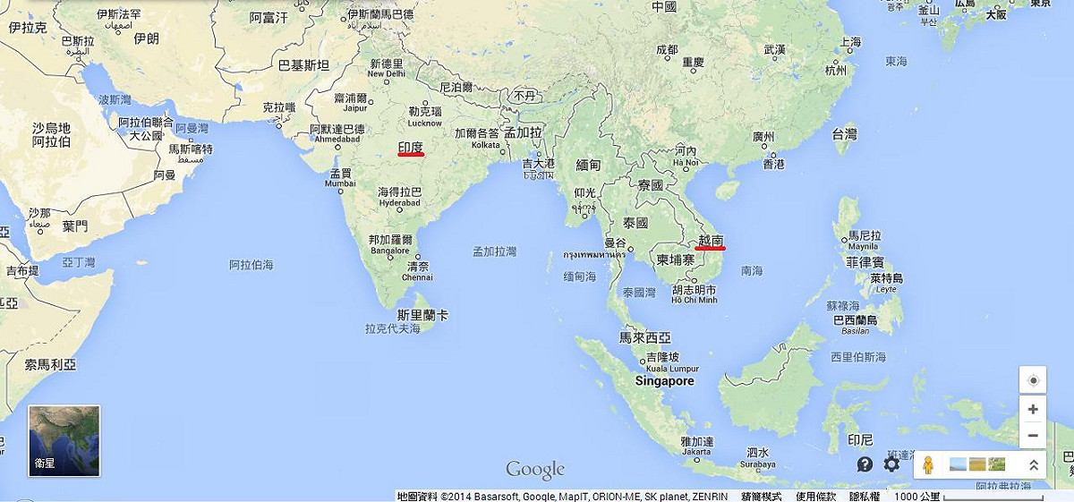 印度隱形導彈護衛艦什瓦利克號(INS Shivalik)昨(5)日抵達越南海防市(Hai Phong)，進行為期3天的友好訪問，強化兩國海軍合作。圖為印度、越南的地圖。圖片來源：Google Map。