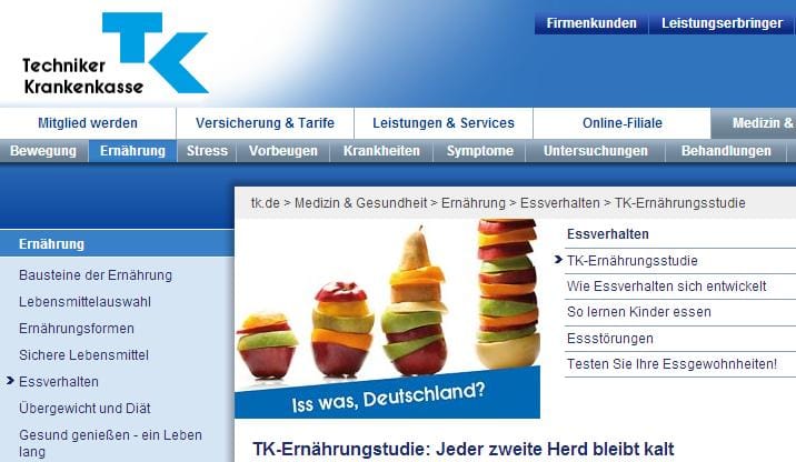 德國「技術人員醫療保險」(Techniker Krankenkasse, TK)公司調查，德國人認為飲食只是次要的事情，美味、有效率比健康更重要、肉類和速成食品正當道。圖片來源：翻攝自TK官方網站。