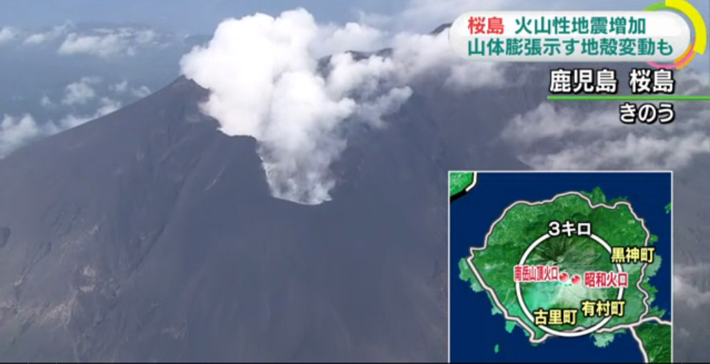 根據日本氣象廳觀測，15日上午起至今，櫻島附近為震央的火山性地震超過1000次，數據直指山體持續膨脹的急遽地殼變動。圖：翻攝NHK