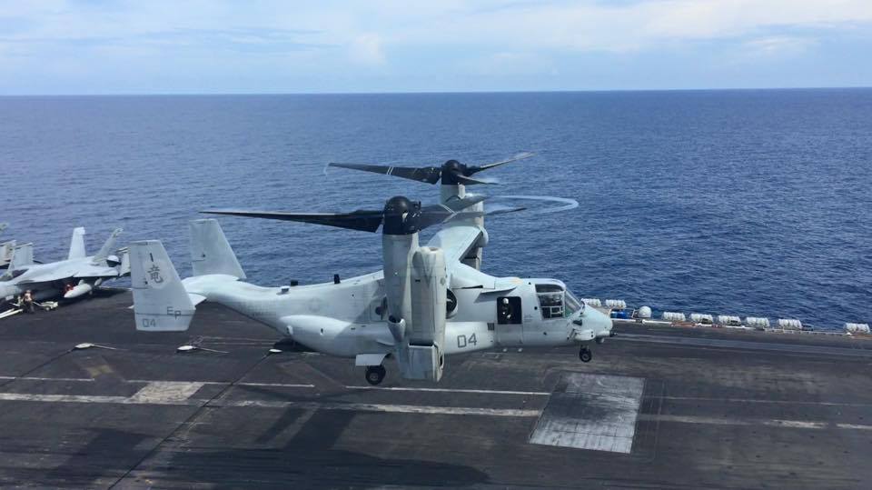 V-22魚鷹戰機在羅斯福號航空母艦上起降頻繁。圖：翻攝卡特臉書