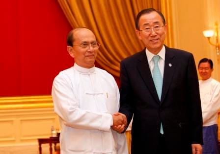 聯合國秘書長潘基文和緬甸總統登盛會面時，對登盛所帶領的政經改革表示認同與贊成，並讚美登盛是推動改革的「重要推手」。圖片來源:達志影像/路透社