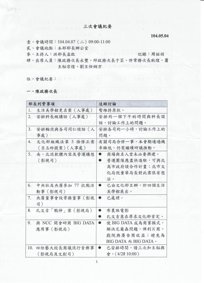 民進黨立委段宜康11日下午在臉書出示一份文件批文化部長洪孟啟公然說謊。圖為文件第1張。圖：翻攝段宜康臉書