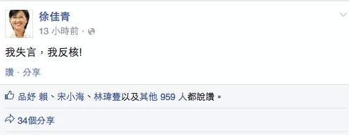 因失言風波引咎辭職的前民進黨發言人徐佳青昨（13）晚間在臉書發文「我失言，我反核！」。圖：翻攝自徐佳青臉書