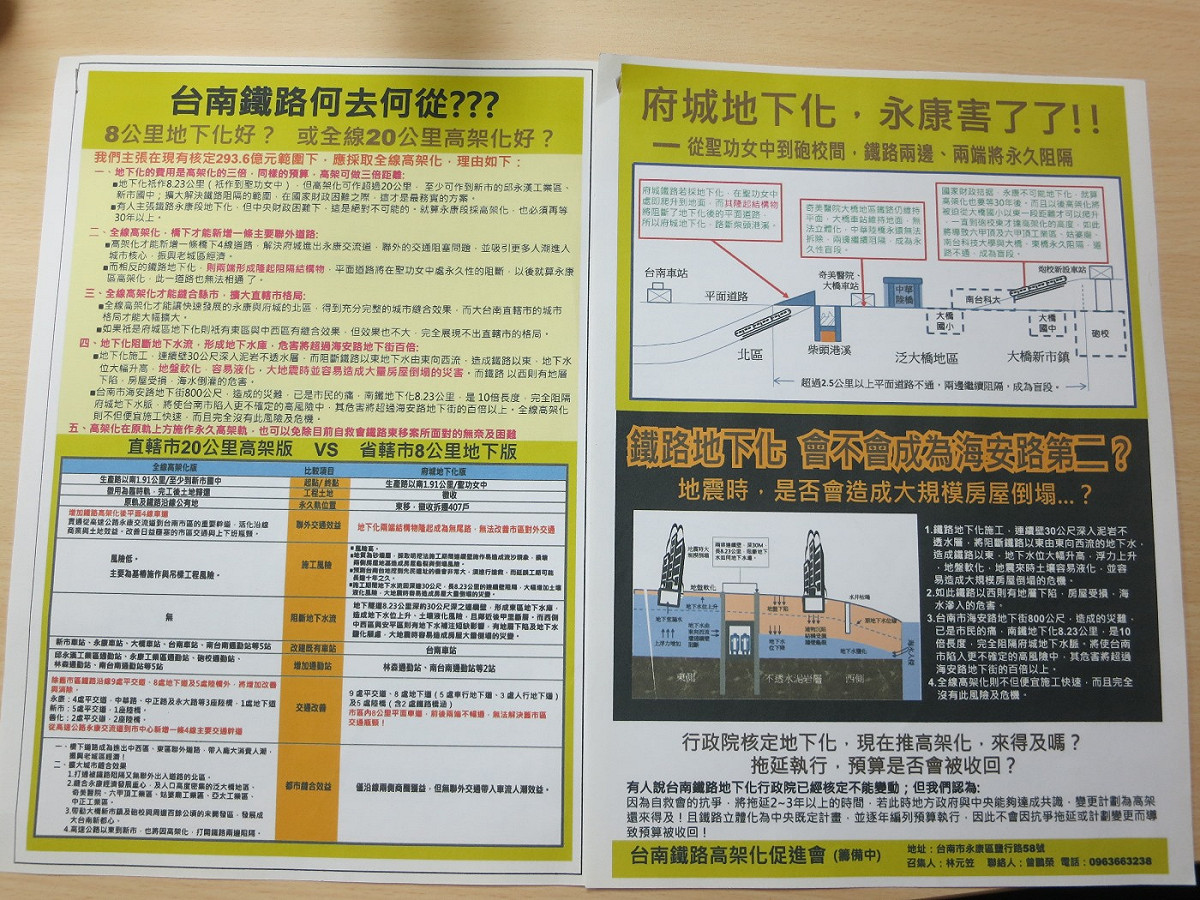 前台南縣長蘇煥智將印製傳單，反對南鐵東移，應該改採全線高架化。圖2-2：林朝億/攝