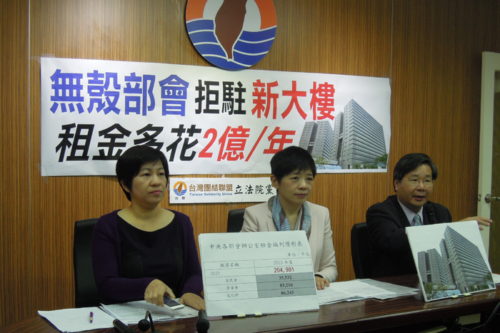 台灣團結聯盟立法院黨團今（19）日上午召開記者會，披露政府耗資61億元興建的新莊聯合辦公大樓，雖然還沒完工，但已傳出部分部會以「辦公不便、空間不敷使用為由」拒絕搬遷。圖片來源：台聯黨團提供