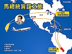 總統馬英九11日率慶賀團前往南美洲友邦巴拉圭，參加巴國新任總統就職典禮，並順訪加勒比海友邦。這是他任內第8度出訪，將首次過境美國紐約，預計22日返台。圖片來源：中央社