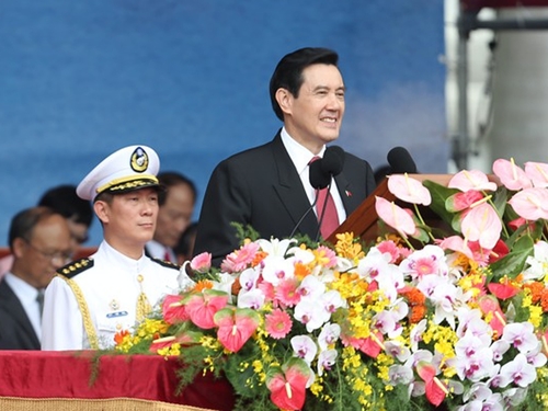 馬英九總統在民國103年國慶典禮致詞。圖：中央社