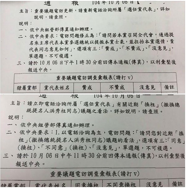 國民黨6日上午向全國黨代表發出一份「同不同意換柱」的民調，由於黨代表初步反應不佳，黨中央也緊急修正題目為「贊不贊成本黨召開全代會提名黨主席朱立倫參選總統」。圖：翻攝自網路