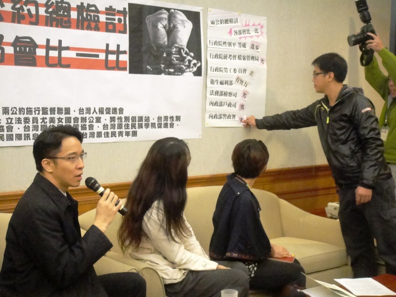 兩公約施行監督聯盟針對國內落實兩公約、保障人權的狀況，於今（13）日提出今年度的檢討報告，並列舉一些部會當場評分。圖：王立柔/攝