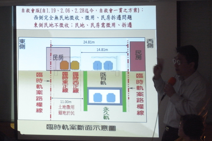 自救會所提出的方案是在現有軌道下方施做永久軌道，徵用原軌道東側11公尺的私有土地，居民願意提供土地興建臨時軌道供列車行駛，於完工後將土地還給居民。圖：楊宗興/攝