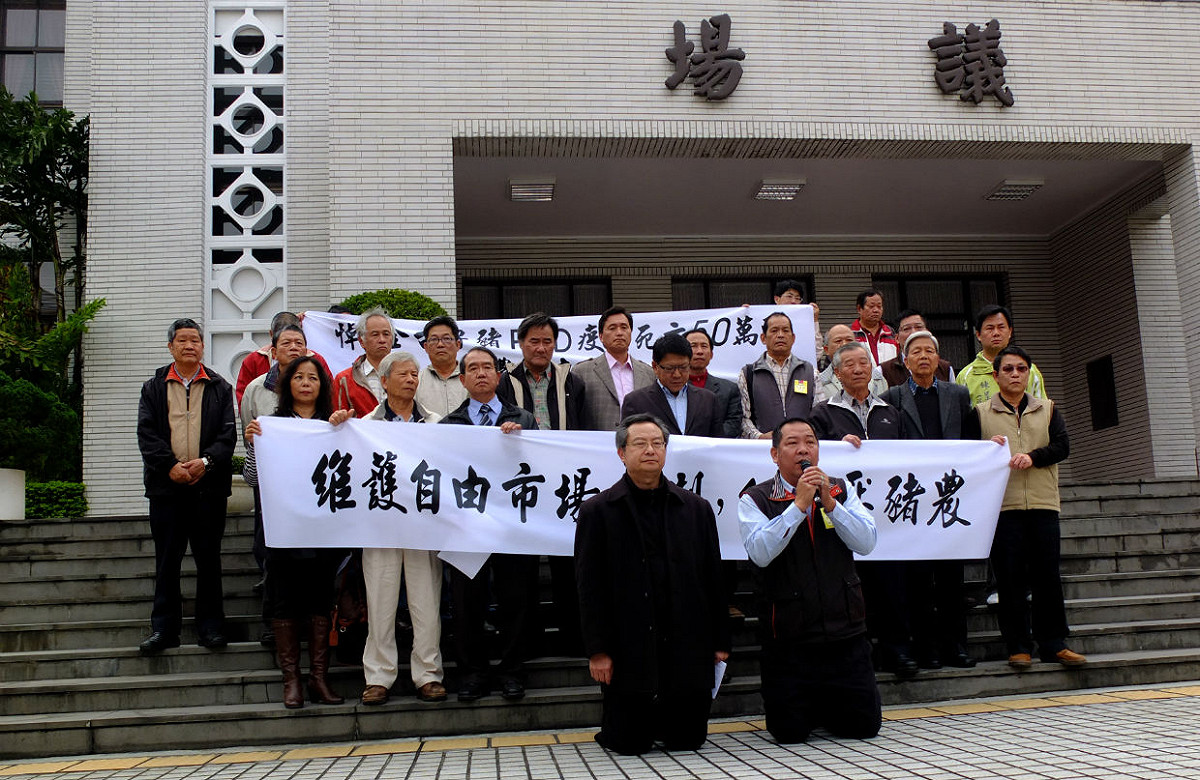 豬農協會12日赴立法院抗議，豬農代表在現場下跪，希望政府及消費者能體諒豬農。圖：翁嫆琄/攝