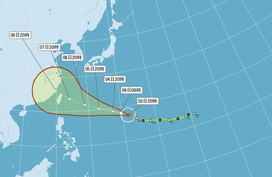 中央氣象局指出，今年第13號颱風蘇迪勒今晚8點由中度颱風增強為強烈颱風，最快6日發布海上警報，並不排除發布陸上警報。圖：擷取自中央氣象局官方網站