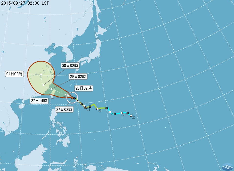 中颱杜鵑來襲，中央氣象局27日上午發布海上颱風警報，預測颱風可能28日傍晚登陸宜蘭或花蓮。圖：翻攝自中央氣象局網站