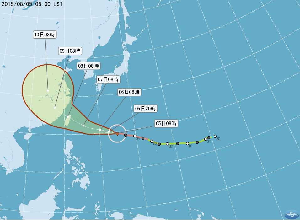 中央氣象局5日表示，預計6日中午左右發布海上颱風警報，晚間發布陸上警報。圖：翻攝自氣象局網站