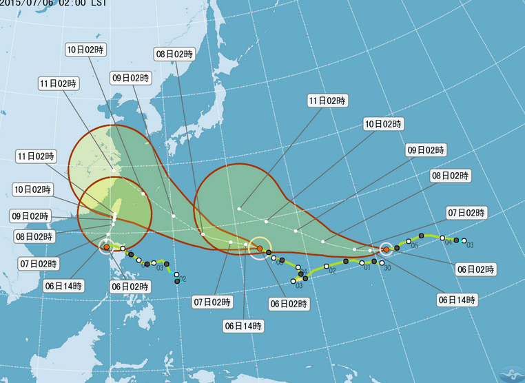 太平洋上有3個颱風將影響台灣，氣象局6日上午發布蓮花颱風（左）海上警報，同時發布大雨特報。圖：翻攝中央氣象局官網