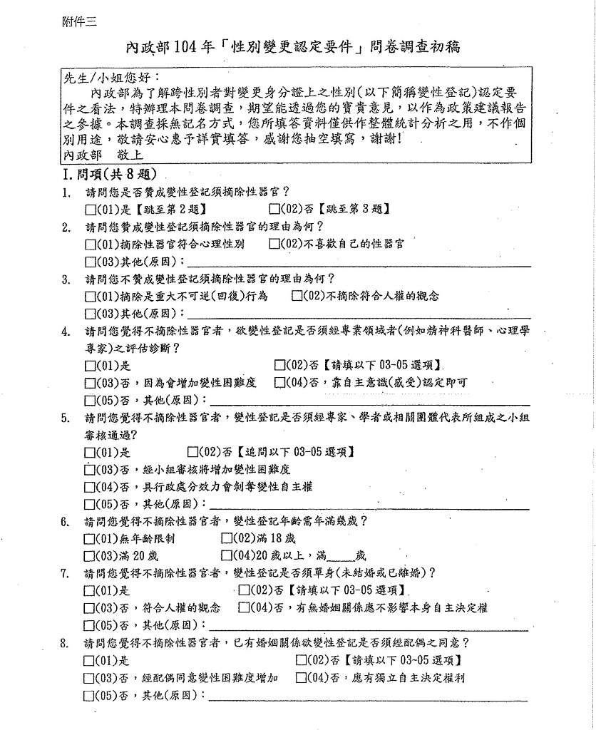 內政部104年「性別變更認定要件」問卷調查初稿。圖：性別不明關懷協會提供