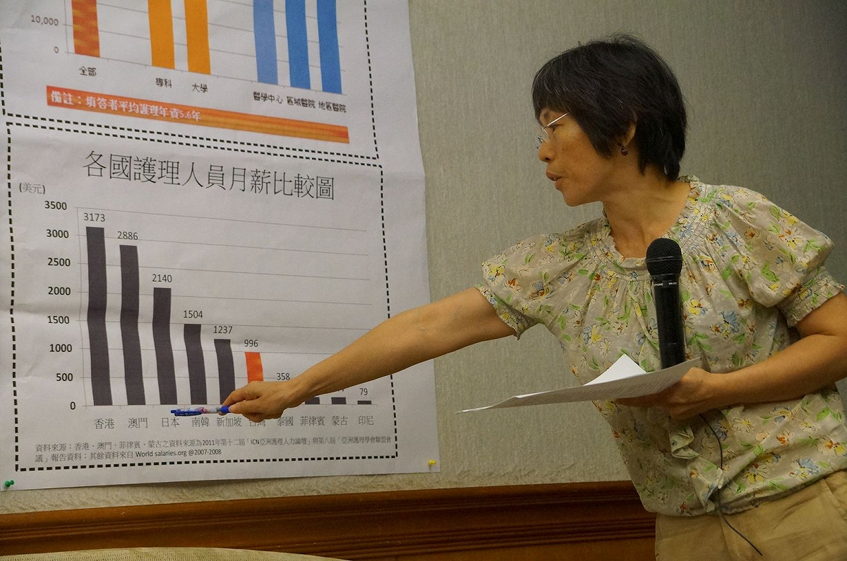 台灣護理產業工會今（9）日召開記者會，控訴政府承諾跳票，護理人員勞動環境依舊惡劣，除薪資低落未獲改善，更有超時工作、機制複雜、護病比失調等問題。圖：汪彥成/攝