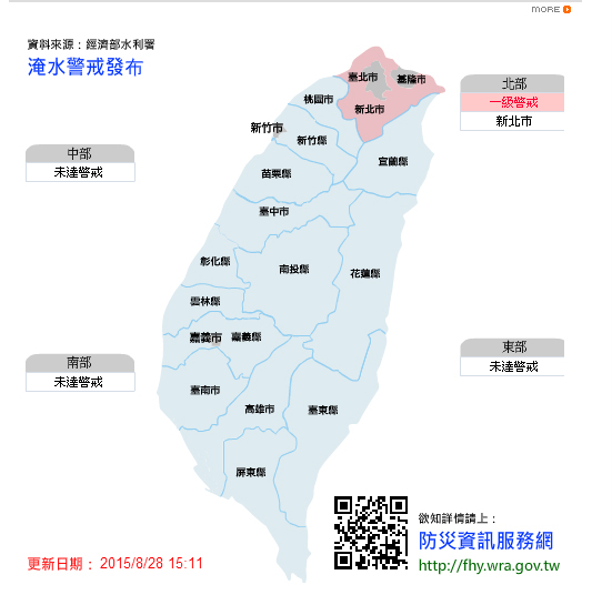 水利署28日下午發布淹水警報，新北市土城、板橋等地都有淹水危機。圖：翻攝自水利署官網